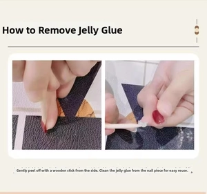 Instructional guide for removing press-on nails with jelly glue and wooden stick tool