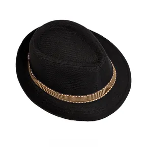 Top view of classic black linen fedora hat for children with striped textured band