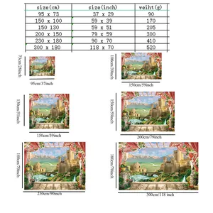 Detailed size chart for nature landscape tapestry showing various dimensions and weights