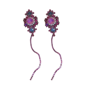 Vintage crystal floral tassel drop earrings with purple gems and white pearl accents