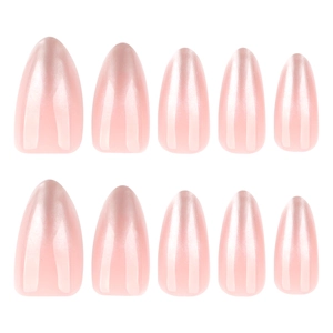 Pink pearl gradient almond shaped press-on nails set with shiny finish on white background