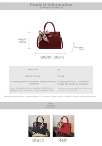 Guide des tailles montrant les dimensions du sac 28x21x11cm et détails du cuir PU