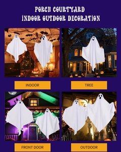 White Halloween ghost hanging decorations shown in indoor, outdoor, porch, and tree settings