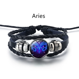 Bracelet Bélier en cuir noir tressé avec gemme en verre lumineuse et perles métalliques