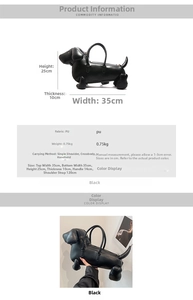 Size chart for dachshund shoulder bag showing 35x25x10cm dimensions and PU material