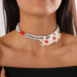 Double Layer Glass Faux Artificial Pearl Necklace With White Resin Flowers And Red Beads Vintage Choker For Women Neck Jewelry