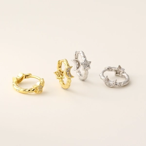 Elegant S925 silver star and moon hoop earrings with pavé crystals in gold and silver