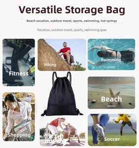 Black nylon drawstring bag with honeycomb texture and 7 multi-sport usage scene icons