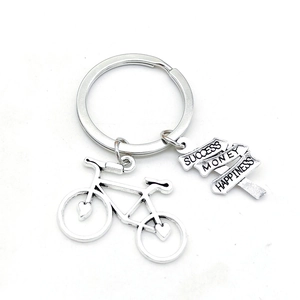 Silver bicycle keychain with success money and happiness road sign pendants for gift