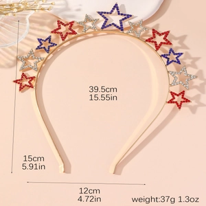 Detail showing dimensions and 11 rhinestone stars on a festive gold metal headband