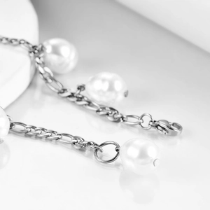 12mm faux pearl Figaro chain bracelet with 18K gold plated stainless steel for women