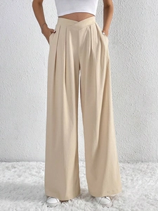 Women Wide Leg Pants High Waisted V Cross Waist Relaxed Fit Pleated Texture Polyester Elastane Casual Long Trousers