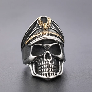 Vintage punk skull military ring in stainless steel with golden eagle crest detail