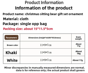 Detailed size chart for plush Christmas bear ornaments with red hat and gift bag