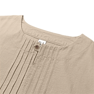 Men's loose khaki cotton linen long sleeve shirt with round neck and button detail