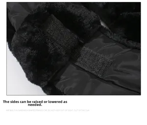Detail of adjustable velcro strap and black faux fur on a thermal winter bomber hat