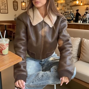 Brown PU leather aviator jacket with off-white faux shearling collar and zip closure