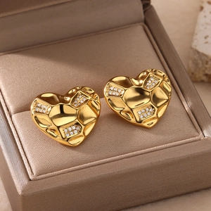 18K gold plated heart stud earrings with sparkling cubic zirconia on brown velvet box