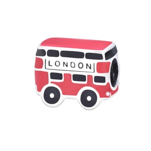 Red London double-decker bus charm bead for bracelets with enamel finish and London text