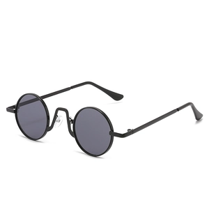 Classic small round black sunglasses with a slim metal frame shown from a 45-degree angle