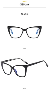 Detail view of black cat-eye TR90 glasses frames with blue light blocking lenses
