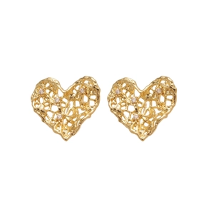 Lava textured gold heart stud earrings with sparkling cubic zirconia on white background