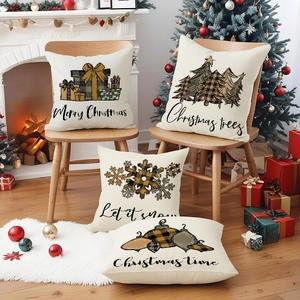 Set of 4 linen Christmas throw pillow covers with festive snowflake and tree patterns