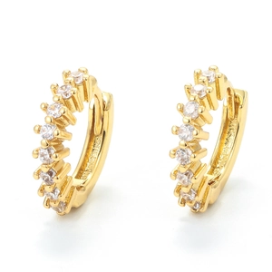 18K gold plated hoop earrings with rainbow cubic zirconia stones on white background
