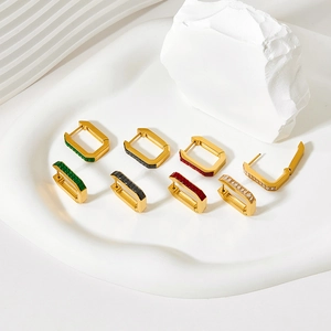 Gold-plated stainless steel hoop earrings with rectangular zircon in four colors