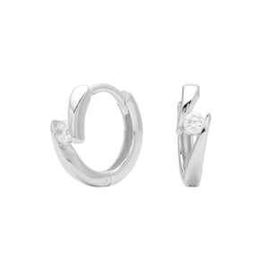 Detail view of 925 sterling silver hoop earrings with overlapping design and cubic zirconia