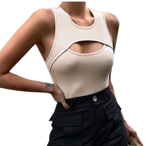 Women's beige ribbed knit bodysuit featuring a sleeveless design and chest cutout detail