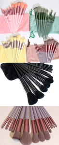 Detailed view of 13-piece makeup brush sets in five colors with matching velvet pouches