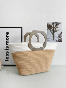 Minimalist woven cotton rope tote with octagonal wooden handles in a two-tone design