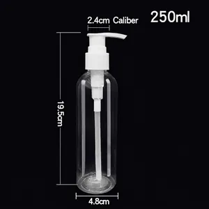 Detailed view of a 250ml clear PET lotion pump bottle with white dispenser head