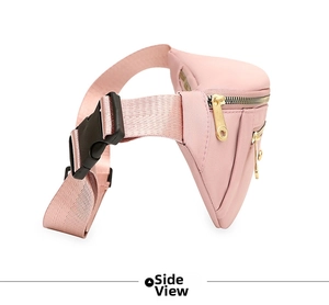 Side view of pink nylon waist bag showing gold zippers and adjustable buckle