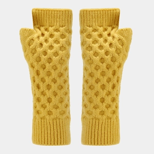 Detail of ginger yellow cable knit fingerless gloves with honeycomb texture and long wrist cuffs