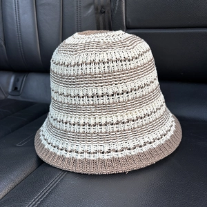 Striped knit bucket hat in beige and brown handmade crochet pattern for women