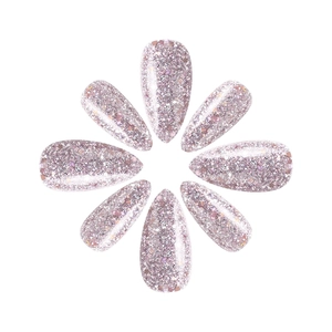 Radiant pink glitter press-on nails in almond shape displayed in floral pattern