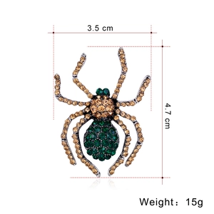 Retro spider brooch with amber and green crystals, 3.5x4.7cm silver metal fashion pin