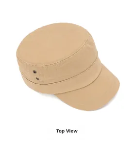 Top down view of khaki cotton canvas cadet cap showing flat crown and metal eyelets