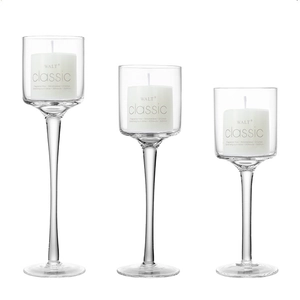 Set di 3 portacandele a calice in vetro con candele a pilastro bianche senza fumo
