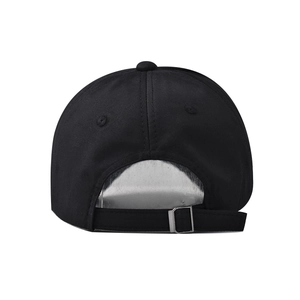 Detail of the black cotton baseball cap back with adjustable strap and silver metal buckle