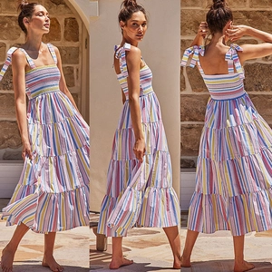 Three-way view of a striped plaid maxi dress with tie straps and a tiered skirt design