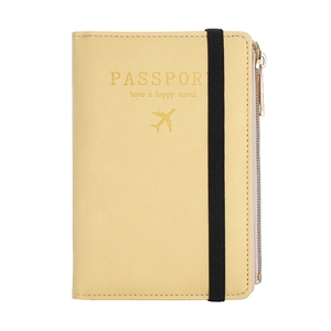 Yellow RFID PU leather passport holder with elastic band and gold airplane logo