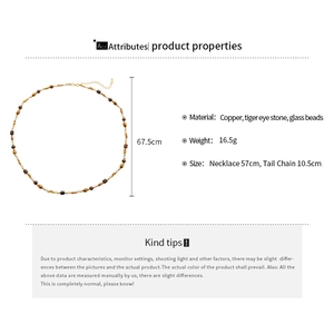 Détail du collier en œil de tigre avec dimensions et longueur totale de 67,5 cm