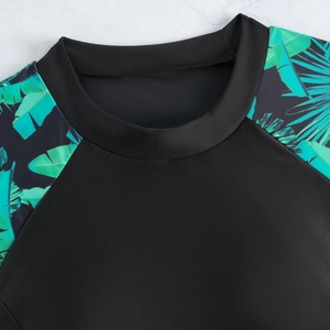 Maillot de bain deux pièces bikini avec imprimé tropical et col rond noir élégant