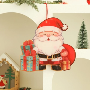 Detail of hanging Santa Claus ornament with colorful gift boxes for festive home decor