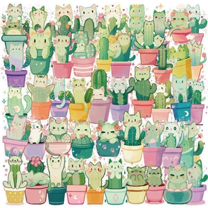Cute Cartoon Cat Cactus Stickers PET Waterproof Transparent Decorative Decals For Journal Laptop Guitar DIY Scrapbooking