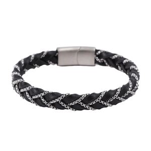 Men's braided microfiber bracelet with stainless steel chain and magnetic buckle