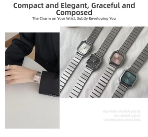 Detail view of four minimalist square watches with metallic bands in various colors